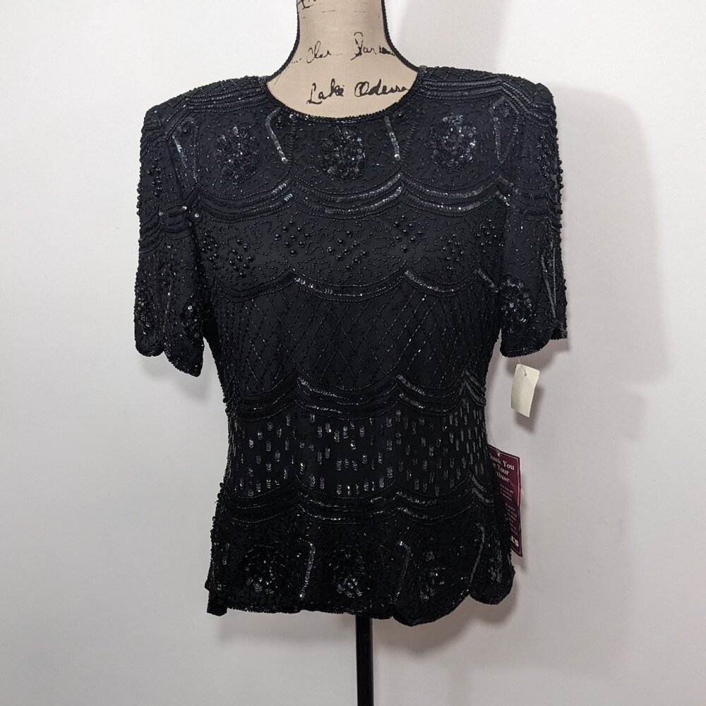 NWT Stenay 80s Beaded Sequined Cocktail Blouse Silk Retro Black Size Large L